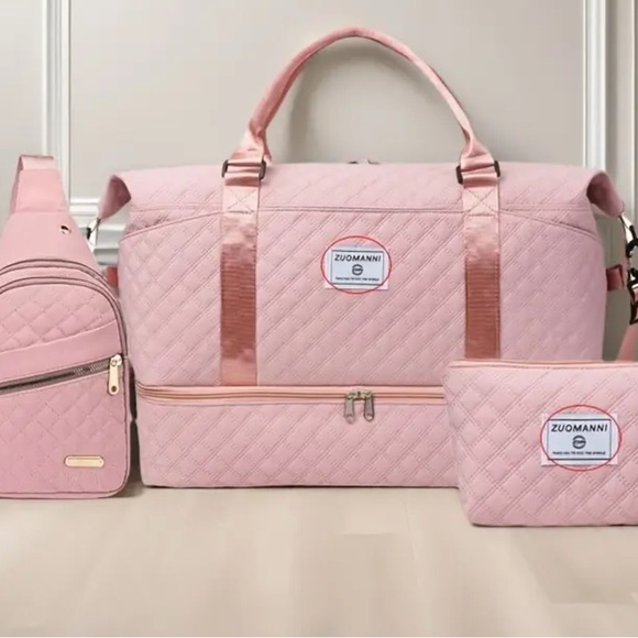 Handbags - 3 piece Pink Quilted Travel Bag Set with Versatile Design brand new